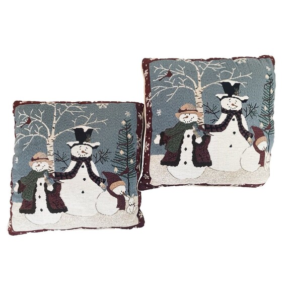 VTG Snowman Tapestry Throw Pillows 16x16 Lot of 2 Winter Christmas Holiday Decor - Picture 1 of 11